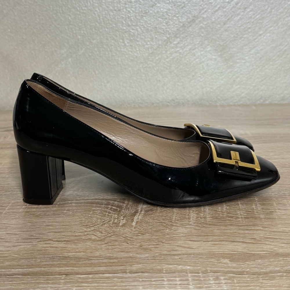 Bruno Magli Size 38.5 US 7.5 Black Patent Leather Block Heel Shoes Buckle - Picture 5 of 16